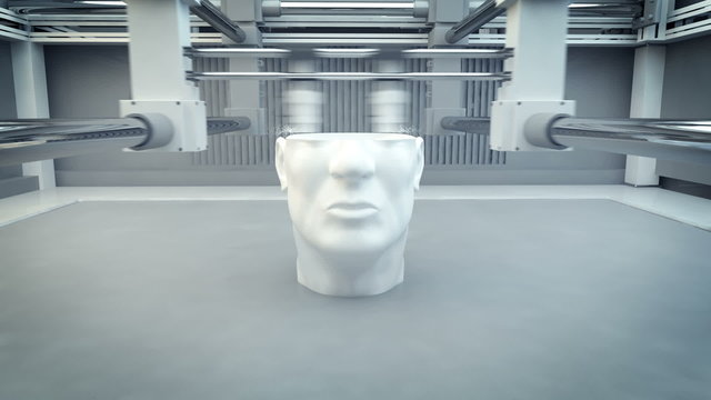 Time-lapse animation of working 3D printer. Example of printing a human head. HD