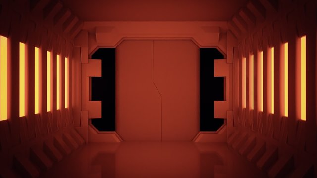 Interior of the spaceship. Futuristic corridor with the sliding door module.