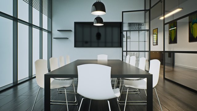 Conference room. The hall with large table, chairs, and presentation board.