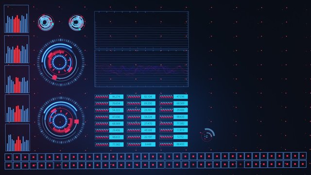 Advanced futuristic graphic interface. Displays abstract diagrams and charts.