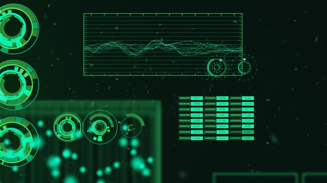 Advanced futuristic graphic interface. Displays abstract diagrams and charts.