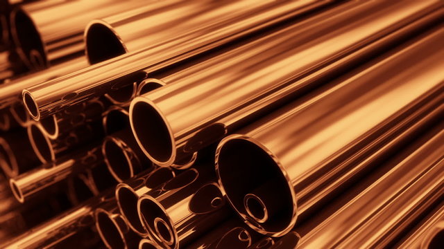 Seamless animation of stacked copper pipes in endless array. Loopable. HD