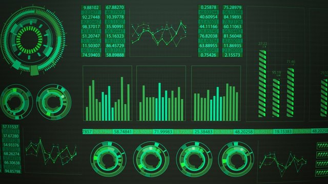 Advanced futuristic graphic interface. Displays abstract diagrams and charts.