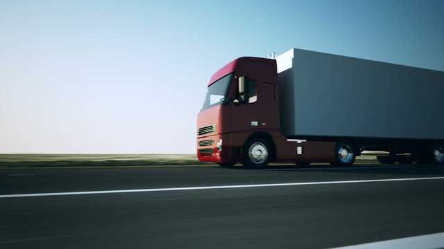 Truck with a trailer on the international highway. Closeup animation. HD