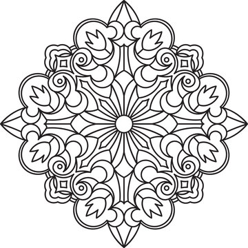 Abstract vector black square lace design in mono line style - mandala, ethnic decorative element. Can be used as anti stress therapy.
