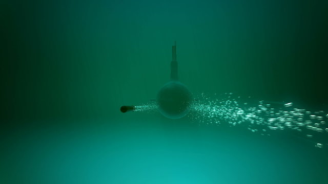 Submarine launching the underwater rocket. Naval army undersea batlleship. HD