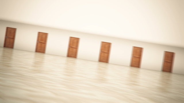 Row of closed wooden doors in a bright empty hallway