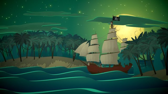 Pirate ship sailing past tropical islands under a full moon at night
