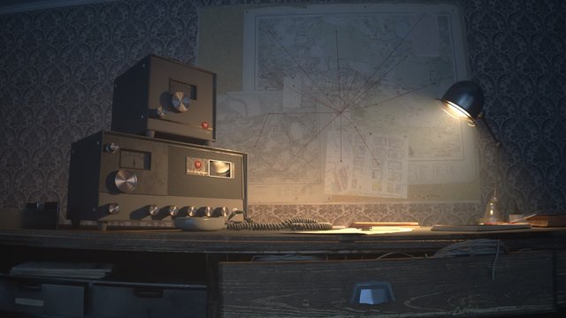 Retro room with vintage radio station standing on the desk under obsolete lamp.