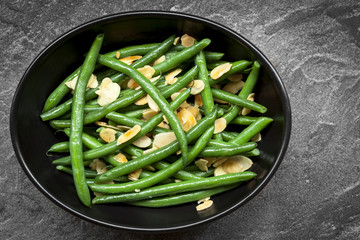Green Beans with Toasted Almonds in Black Bowl
