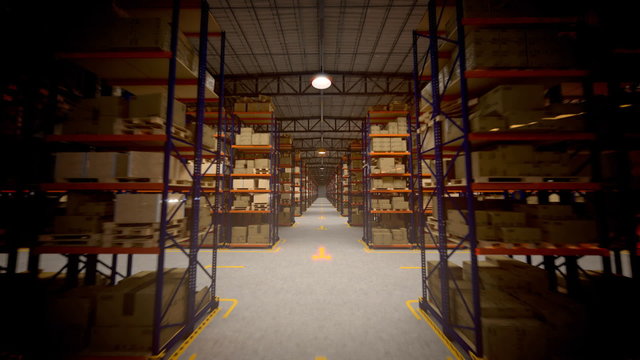 Ride through the warehouse interior with infinite packages amount. Loopable. HD