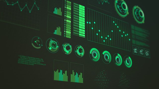 Advanced futuristic graphic interface. Displays abstract diagrams and charts.