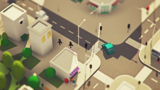 Aerial view of the low poly 3d cityscape. The camera is following a car.