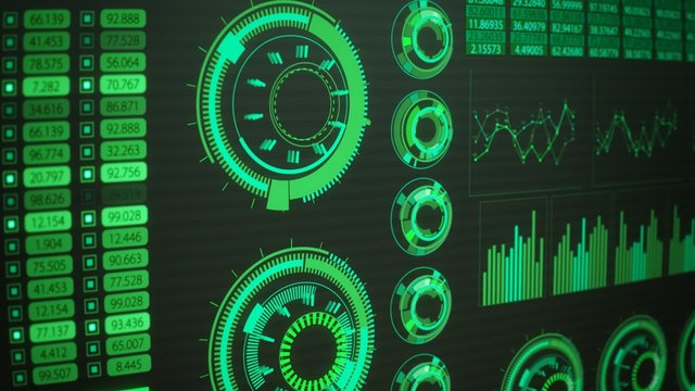 Advanced futuristic graphic interface. Displays abstract diagrams and charts.