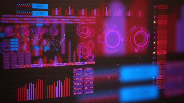 Advanced futuristic graphic interface. Displays abstract diagrams and charts.