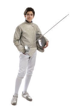 Fencing athlete isolated on white background.    