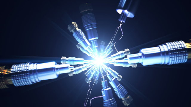 Radial spark plugs converging on electric light in blue 3D animation