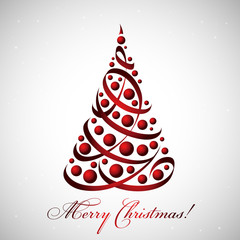 Merry Christmas card with beautiful tree of ribbons and baubles, vector