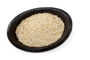 Quinoa in Black Bowl Overhead View Isolated