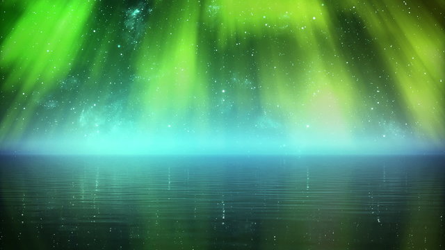 Inspiring animation of Aurora with swirling stars over the night sky and sea. HD