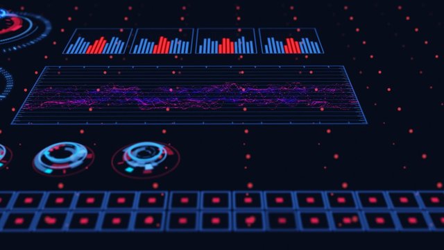 Advanced futuristic graphic interface. Displays abstract diagrams and charts.