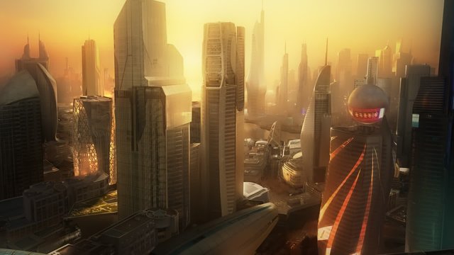 Aerial view of the futuristic cityscape. Metropolis is full of skyscrapers.