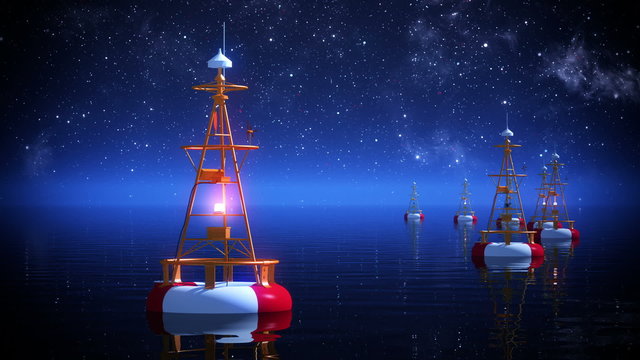 Time-lapse nightly animation of buoys floating at the sea or ocean. Loopable. HD