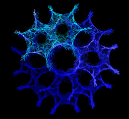 Abstract black background with blue, turquoise snowflake texture