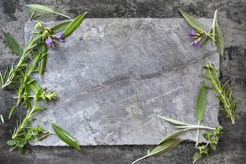 Food Background Herbs on Dark Slate