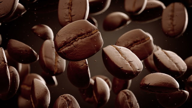 Slow motion animation of aromatic dark coffee beans falling down. Loopable. HD
