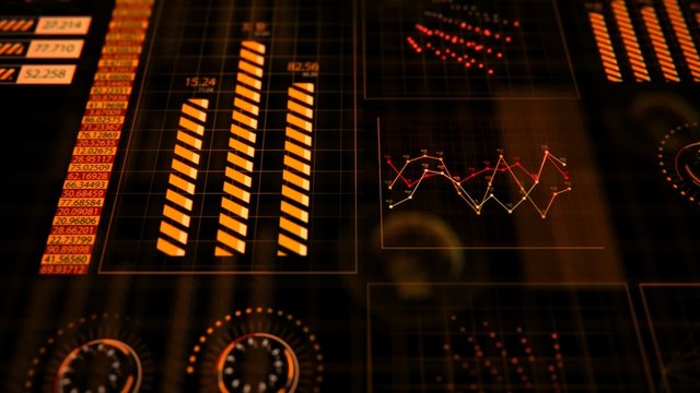 Advanced futuristic graphic interface. Displays abstract diagrams and charts.