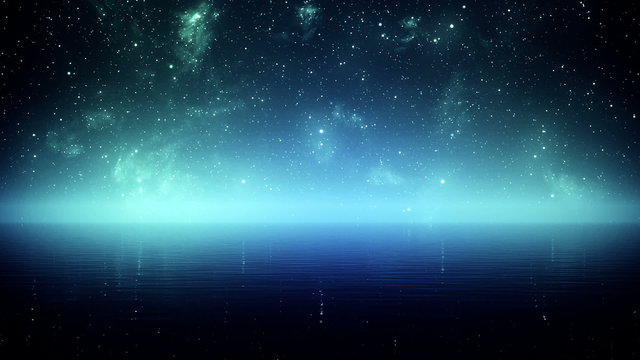 Inspiring animation of the night sky with swirling stars spread out over sea. HD