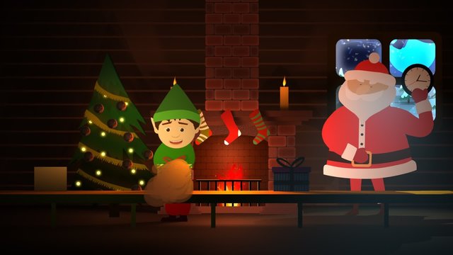 Elf is wrapping gift boxes placed on conveyor belt in the old wooden cottage.
