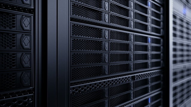 Endless working data servers animation. Blue shining LED lights. Loopable. HD