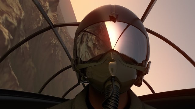 The pilot wearing a helmet and a mask in the cockpit is flying a jet fighter.