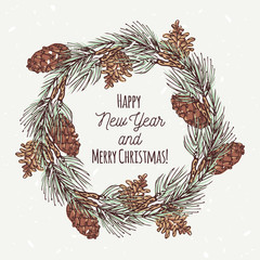 Christmas greeting card with hand drawn wreath and pine cone - 98705076
