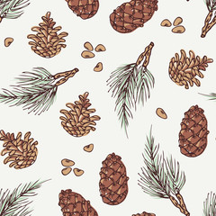 Hand drawn wreath and pine cone winter seamless pattern. Doodle background - 98705080