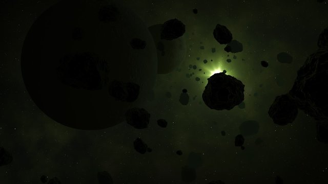 Cosmos. Asteroid belt. Dense meteor swarm is slowly moving in its orbit.
