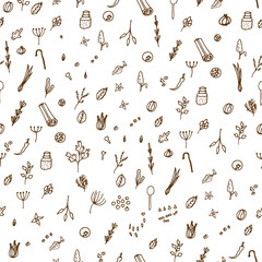 Herbs and spices doodle hand drawn seamless pattern. Repeat monochrome brown on white sketch background.