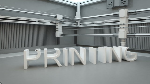Time-lapse animation of working 3D printer. Example of printing large words. HD