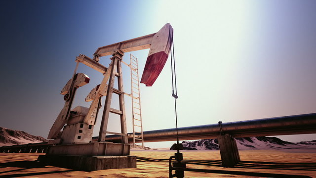 Animation of working oil pumping jack and oil pipeline in the back. Loopable. HD