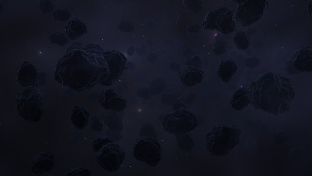 Dark asteroid belt. Dense meteoroid swarm is slowly moving towards the camera