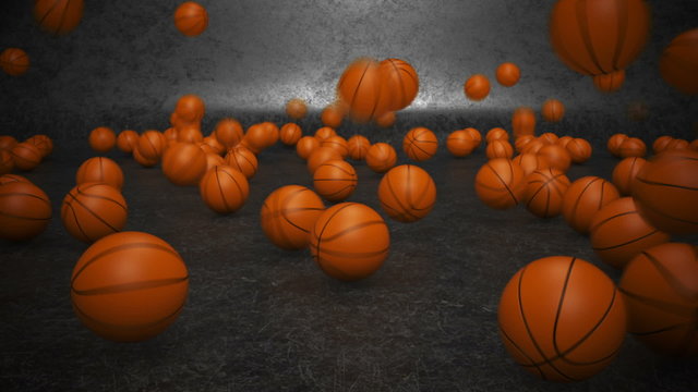 Mini orange basketballs bouncing invasion in the dark gray environment. HD