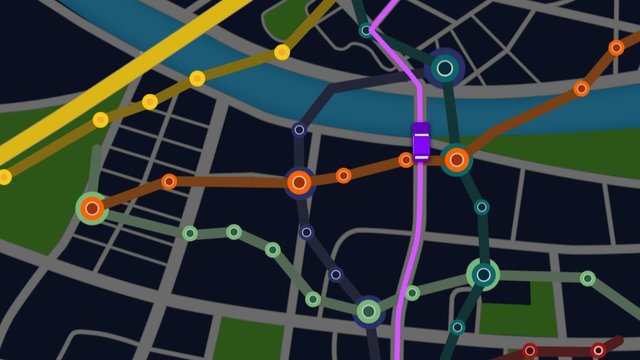 Animated transit map with moving vehicle on city route