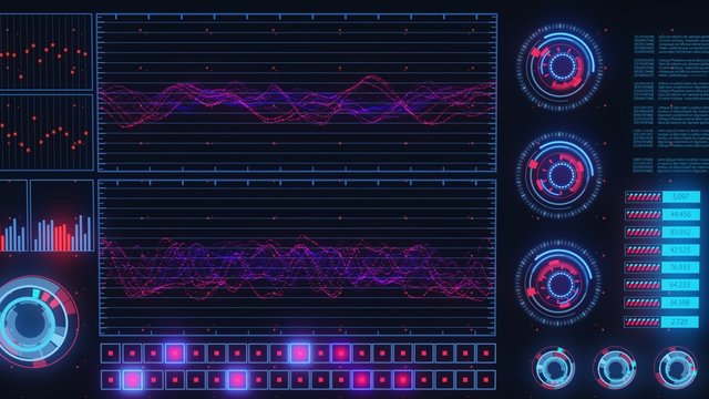 Advanced futuristic graphic interface. Displays abstract diagrams and charts.