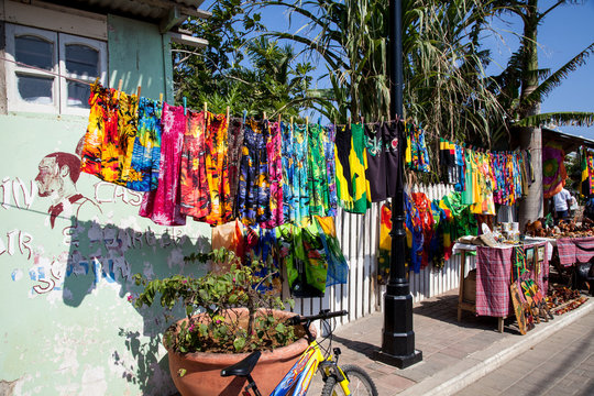 Colorful souvenirs and clothing for sale to tourists, Falmouth, Jamaica