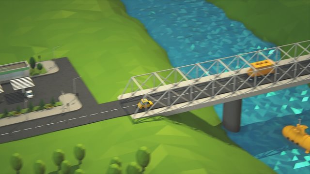 Aerial view of the low poly cityscape. The taxi car in driving to the town.