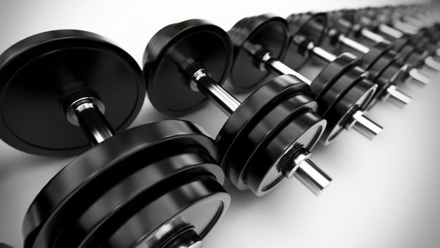 Animation of vinyl dumbbells. 3D view of weightlifting equipment. Loopable. HD