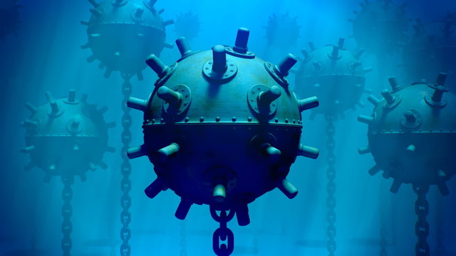 Naval underwater mines. Explosive bombs floating in the basin. Zoom in view. HD