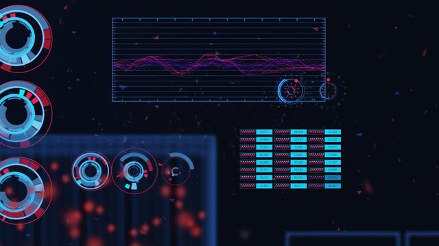 Advanced futuristic graphic interface. Displays abstract diagrams and charts.